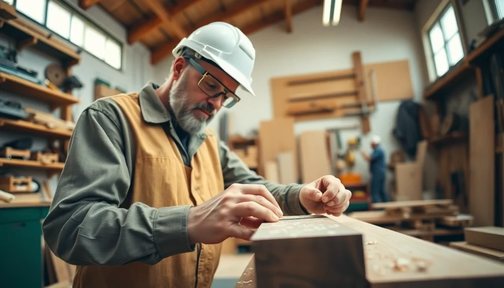 A carpenter engaged in a carpentry apprenticeship, skillfully measuring wood in a workshop.