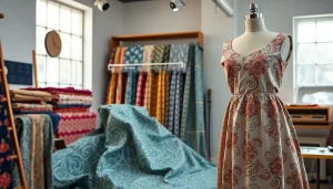 Stof voor jurk kopen inclusief kleurrijke stoffen en naaigereedschap in een studio.