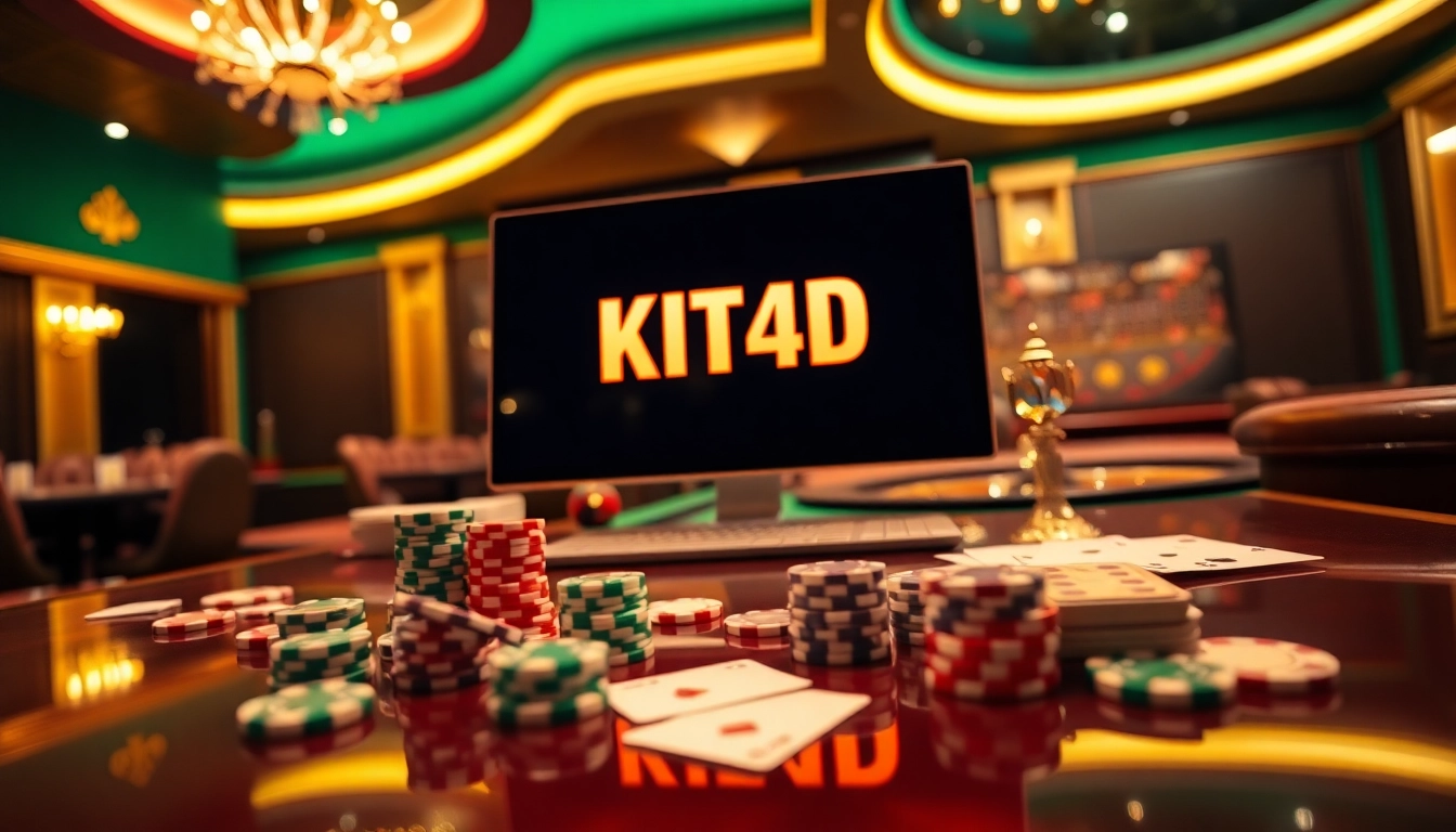 Mainkan permainan seru di KIT4D dengan chip dan kartu berwarna-warni dalam suasana kasino mewah.