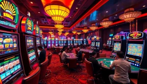 MABAR88 Menang ditampilkan dalam adegan kasino yang hidup dengan mesin slot, meja poker, dan para pemain yang antusias.