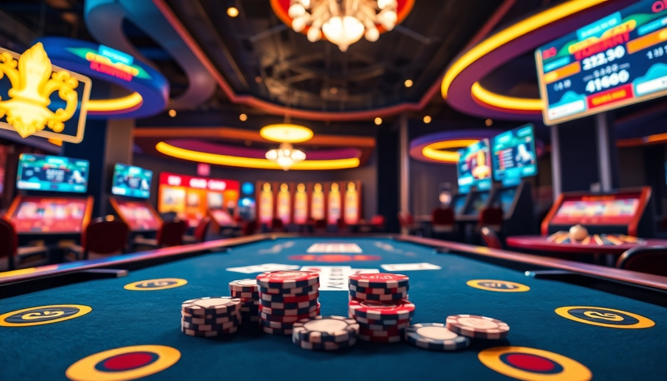 Engaging scene showcasing a Non Uk Casino with gaming tables and vibrant lights.