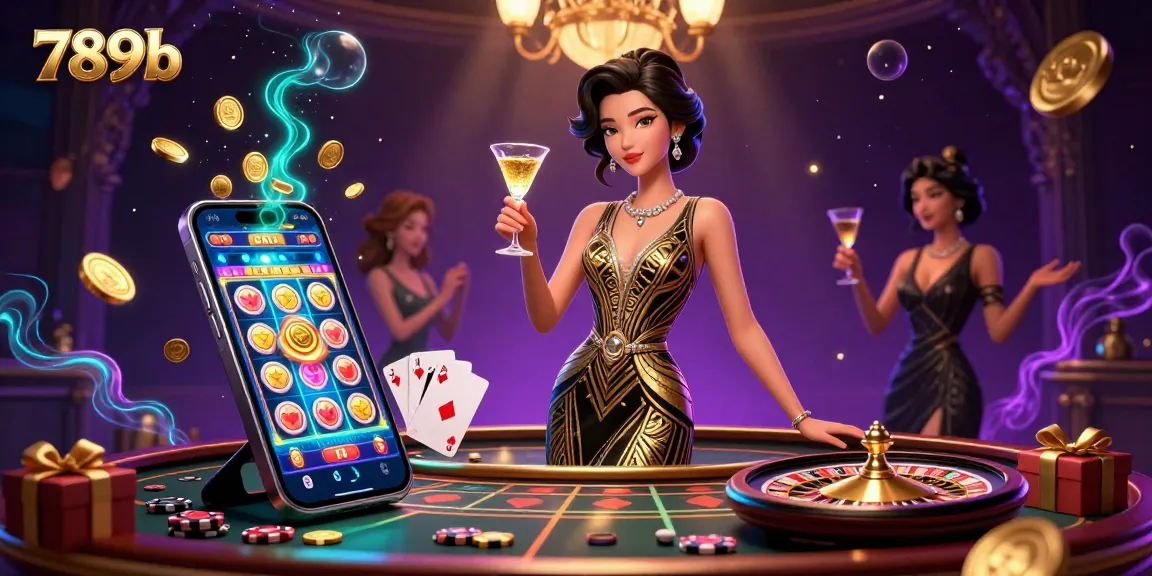 Experience the thrill of 789b with vibrant casino elements featuring an elegant woman, slot games, and roulette excitement.