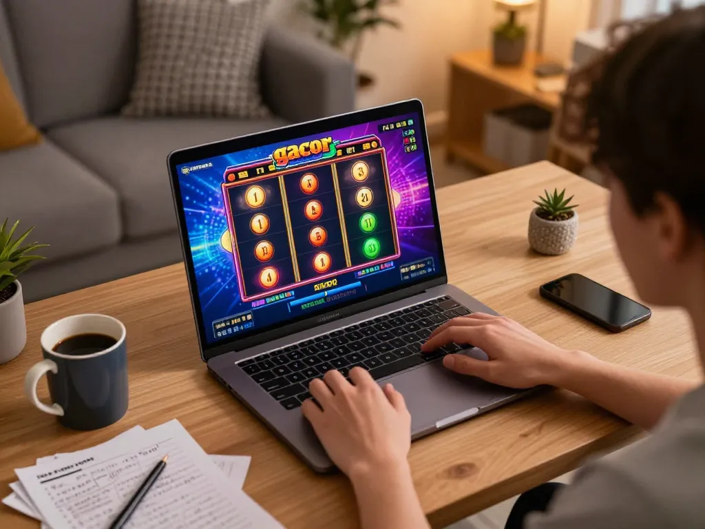 Playing slot gacor online on a laptop, showcasing winning graphics and a casual home environment.