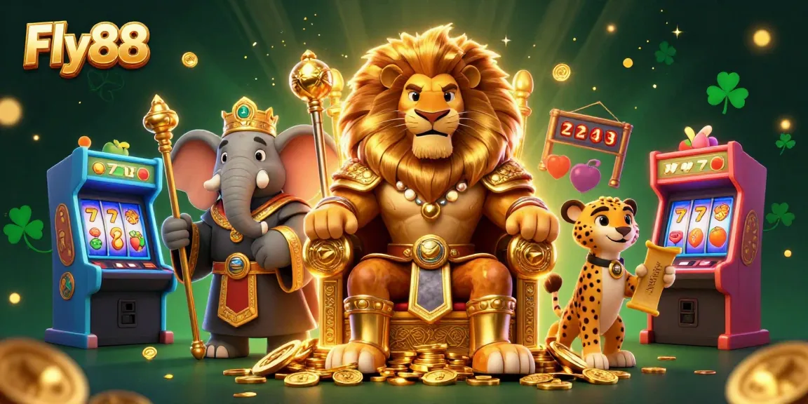 Fly88 captures the thrill of casino gaming with dynamic characters and vibrant slots in a rich, energetic scene.