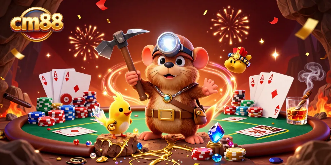Experience thrilling casino gaming with cm88 as a treasure hunter mole discovers golden deposits, surrounded by poker excitement.