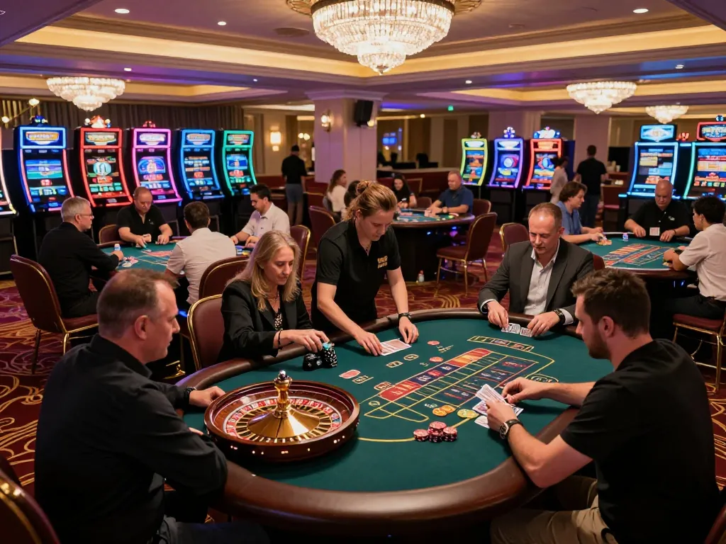 Experience the thrill as you Truy cập ngay to this dynamic casino scene with eager players at large poker tables.