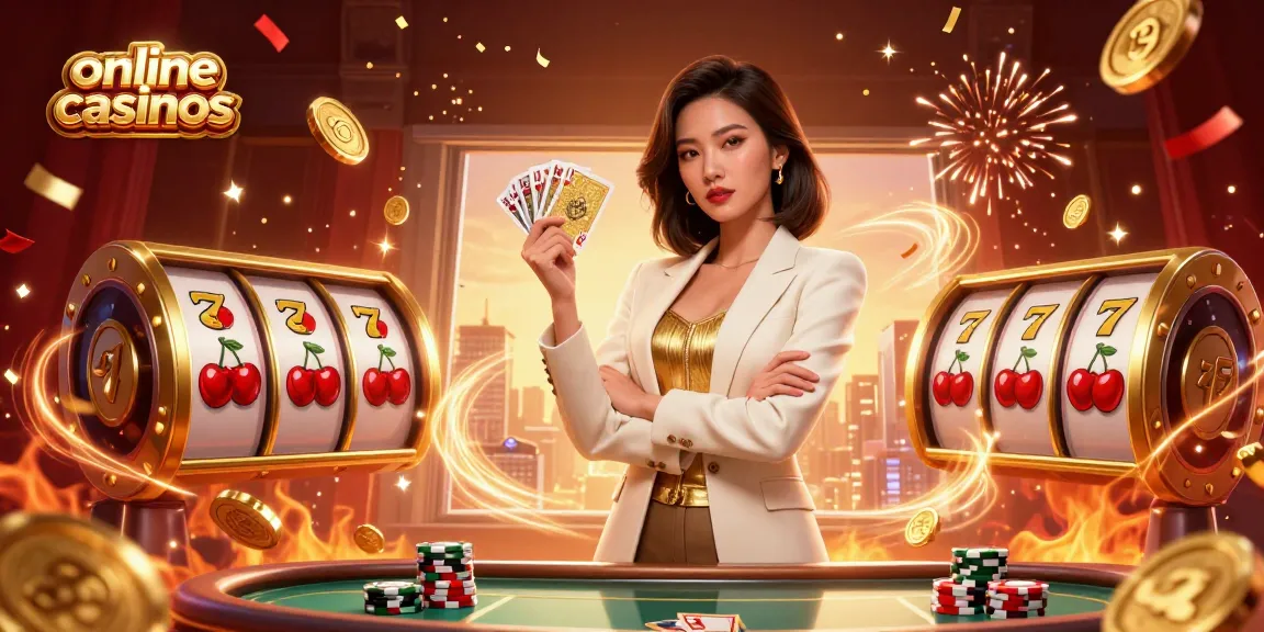 Experience the excitement of online casinos with a glamorous business-woman, golden cards, and vibrant slot elements.