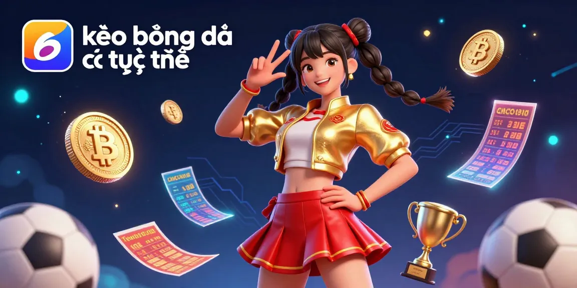 Engage with kèo bóng đá trực tuyến as a vibrant Asian character celebrates betting on sports with colorful elements.