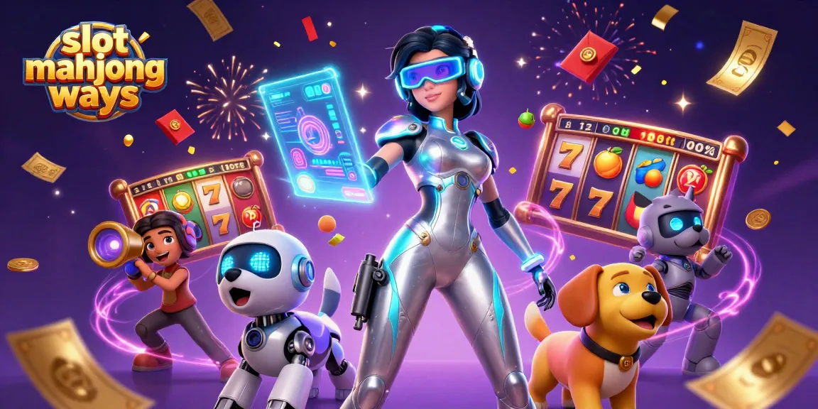 Engage with slot mahjong ways in this vibrant 3D casino scene featuring colorful slot reels.