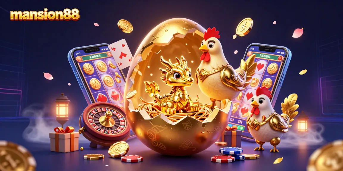 Experience the excitement at mansion88 with this vibrant casino illustration showing a golden dragon and poker elements.