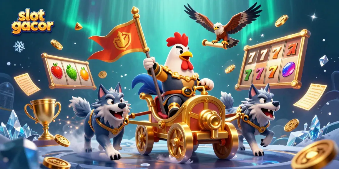 Engage with slot gacor through this dynamic illustration showcasing a rooster warlord and slot elements.