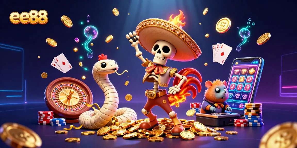 Engage in thrilling games at ee88 with a vibrant victory dance by our characters amidst golden coins and casino elements.