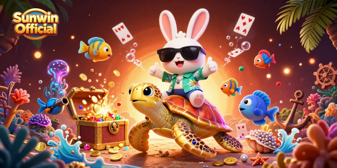 Experience thrilling gameplay at Sunwin Official, featuring a cartoon rabbit on a golden sea turtle amidst vibrant underwater treasures.