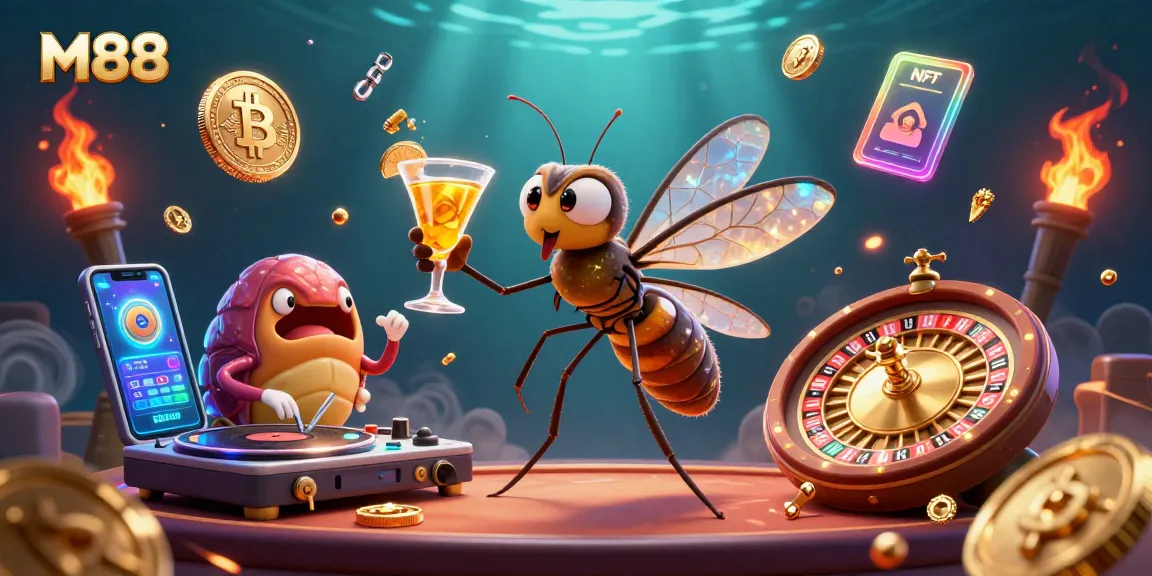 M88 casino mascot illustration showcasing vibrant characters in a bustling gambling scene.
