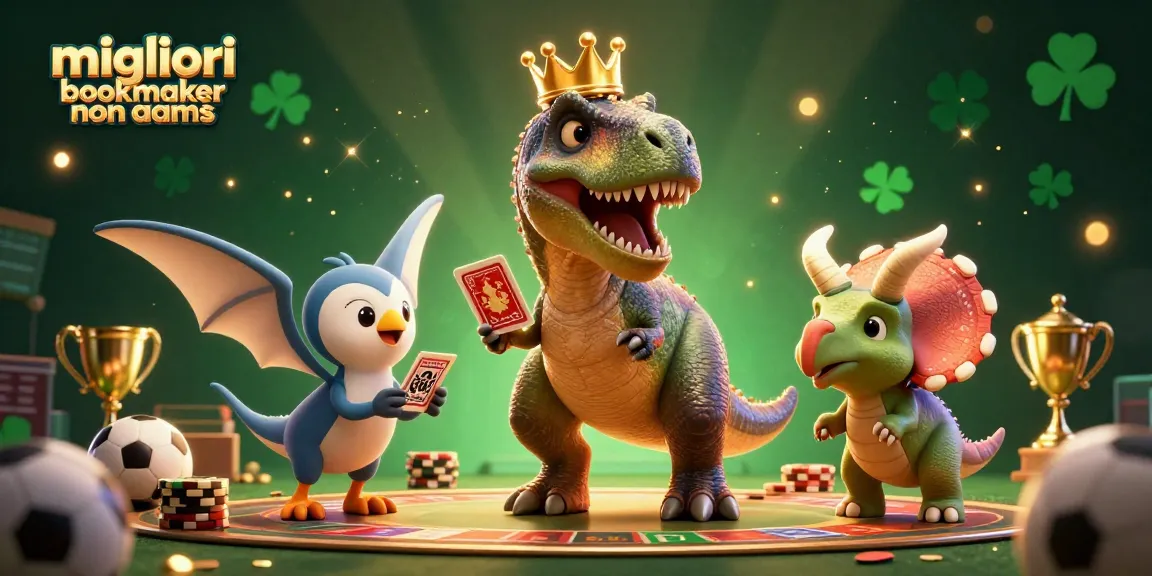Visualizza i migliori bookmaker non AAMS mentre un T-Rex gestisce carte e un triceratopo impila fiches d'oro.