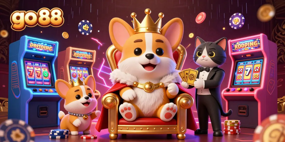 Play and win with go 88's enchanting casino corgi illustration and vibrant gambling elements.