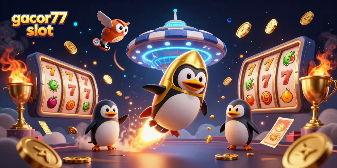 Permainan gacor77 slot menampilkan penguin emas bertenaga roket dan simbol buah yang sedang berputar.