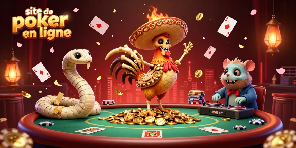 Scène vibrante d'excitation au poker avec un thème de site de poker en ligne mettant en avant des personnages et des éléments dynamiques.