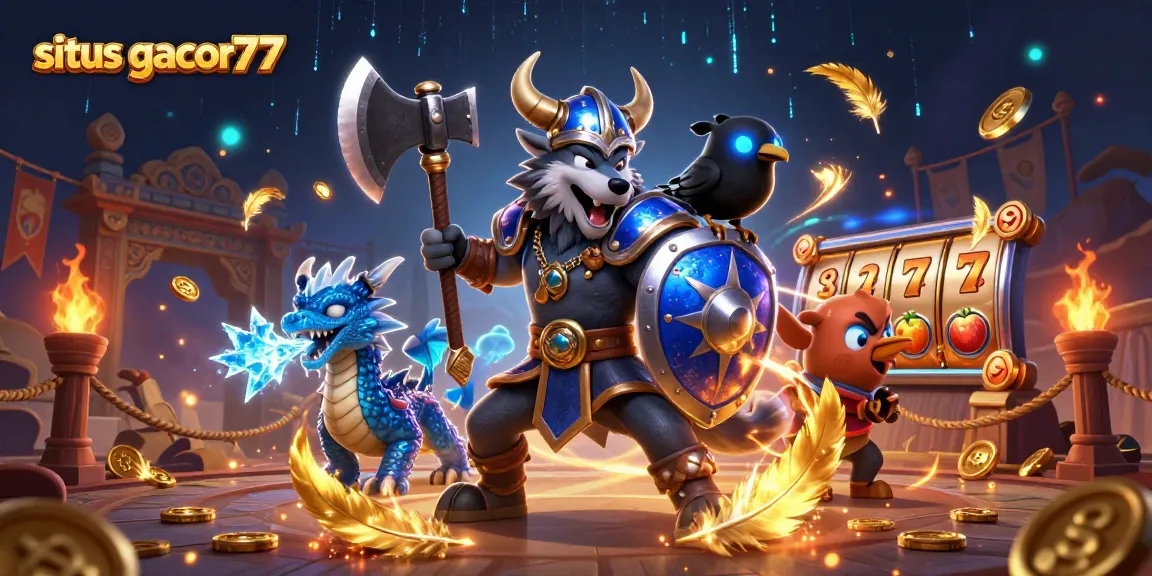 Gambarlah situs gacor77 dengan karakter Viking dan naga dalam arena slot yang kaya detail visual.