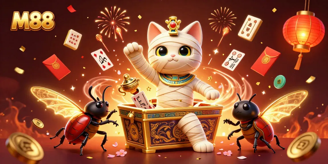 M88 offers thrilling casino action with a mummy cat bursting from its sarcophagus in a vibrant pyramid.