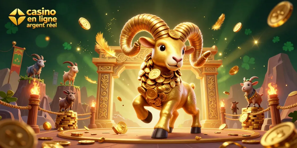 Illustration dynamique de casino en ligne argent réel avec un bélier doré et des éléments de jeu.
