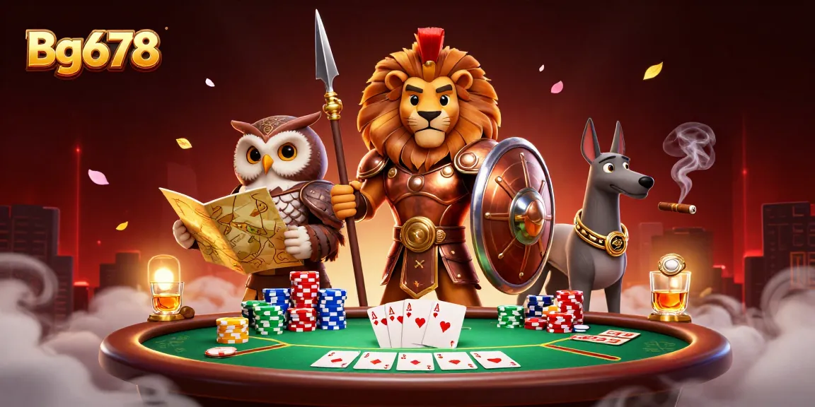 Engage with Bg678's vibrant 3D casino scene featuring a heroic lion and poker elements.