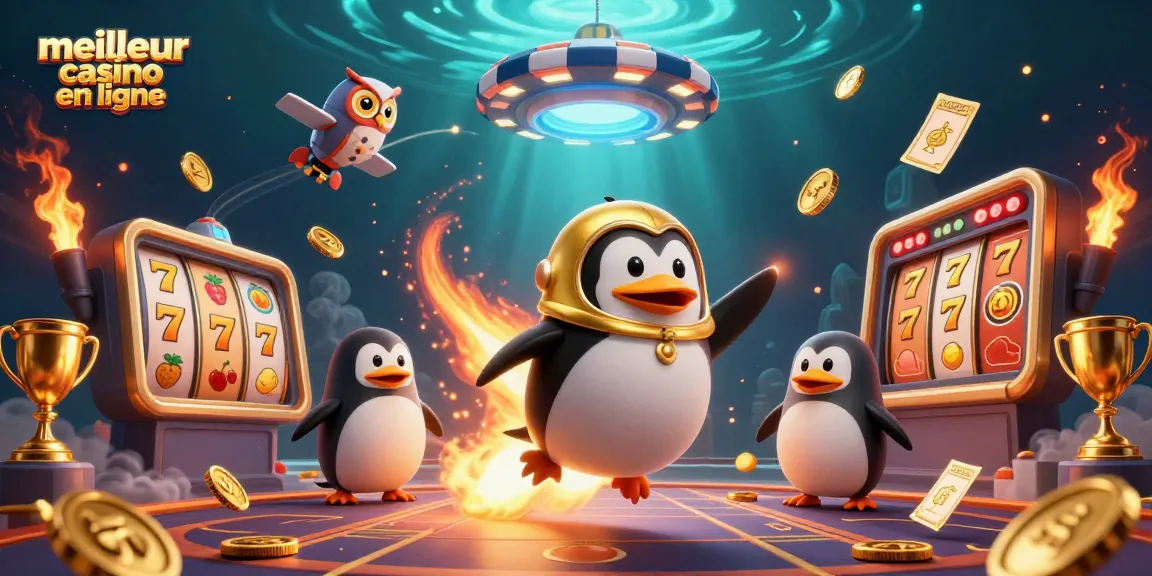 Jouez dans le meilleur casino en ligne avec un pingouin doré et des éléments de machines à sous.