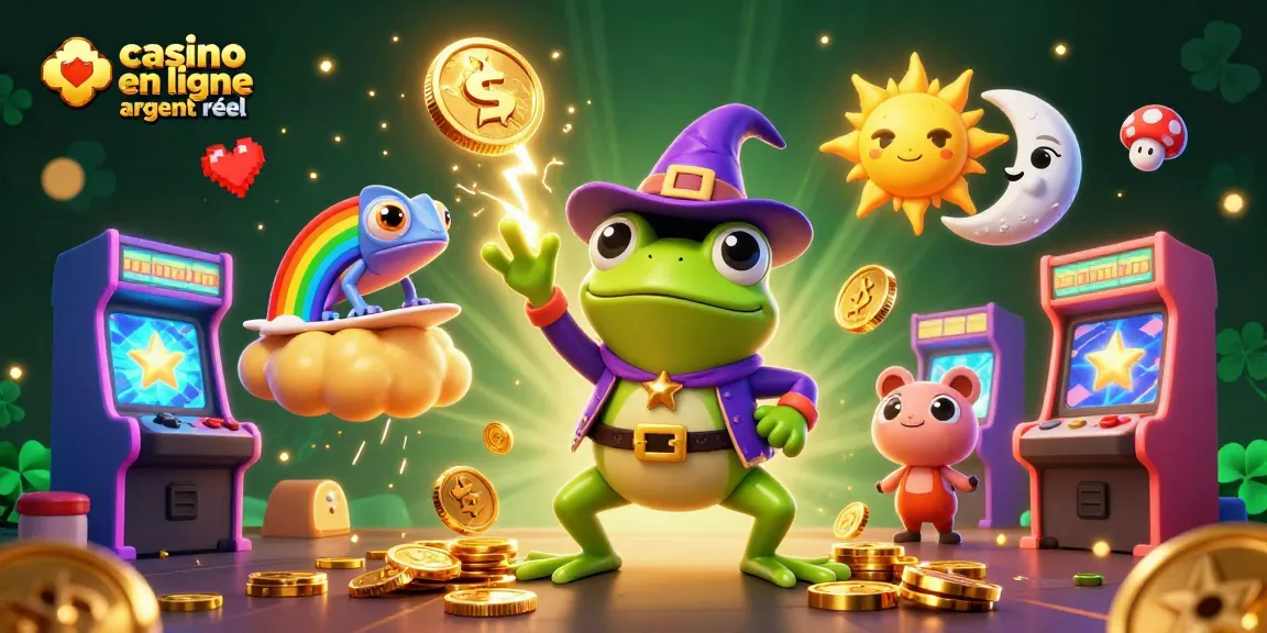 Jouer sur un casino en ligne argent réel avec une illustration dynamique de personnages et machines à sous.