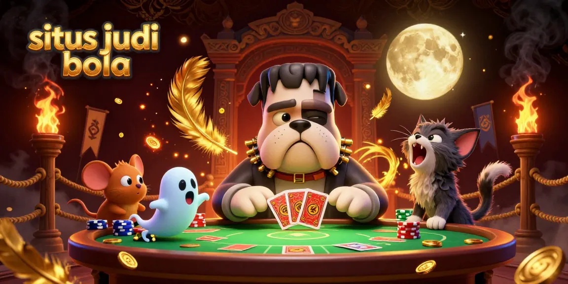 Situs judi bola showcasing a vibrant 3D scene with a Frankenstein bulldog monster dealing cards and ghostly elements
