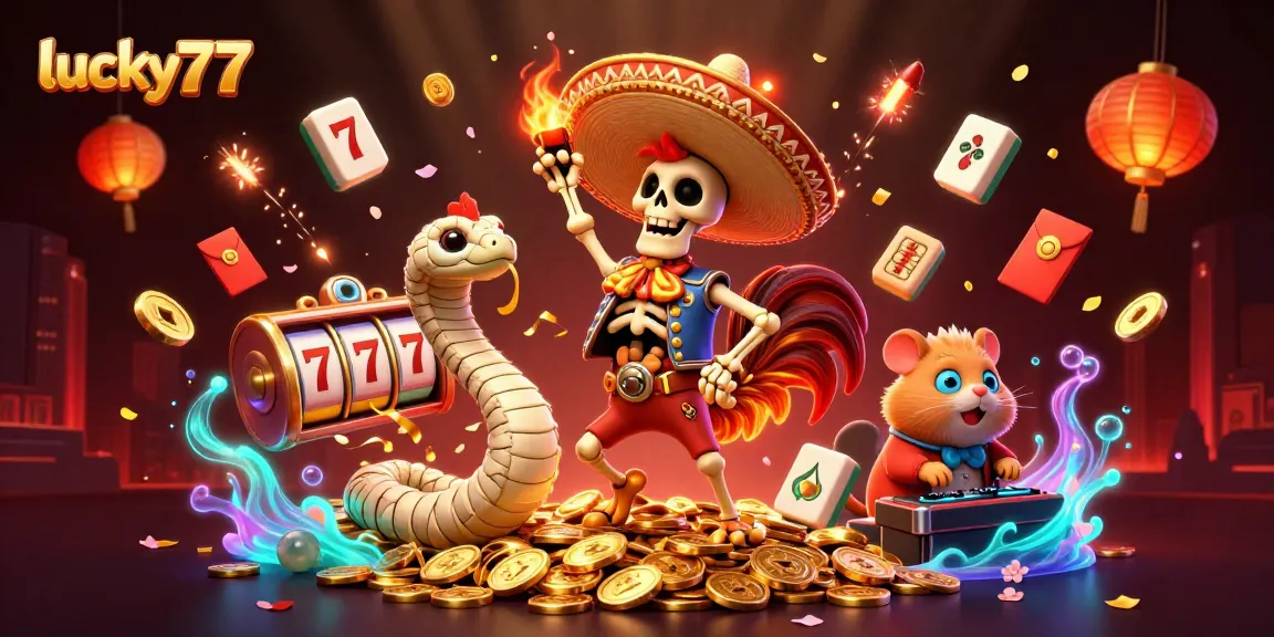 Experience the thrill of winning with lucky77 in this vibrant casino scene featuring animated slot games and lively characters.