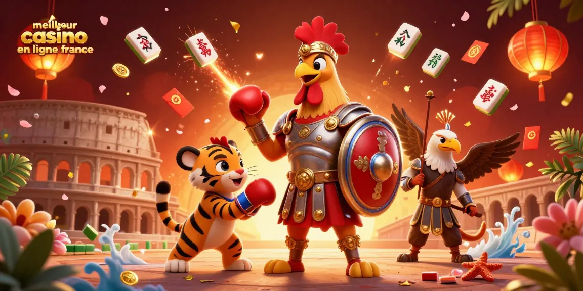 Illustration du meilleur casino en ligne France avec un coq gladiateur et des éléments de jeu dynamiques.