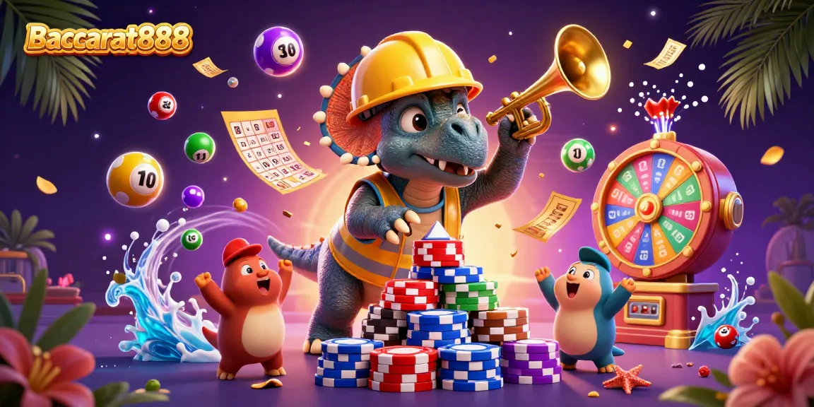 Baccarat888 showcases a vibrant casino scene with animated characters celebrating around poker chips.