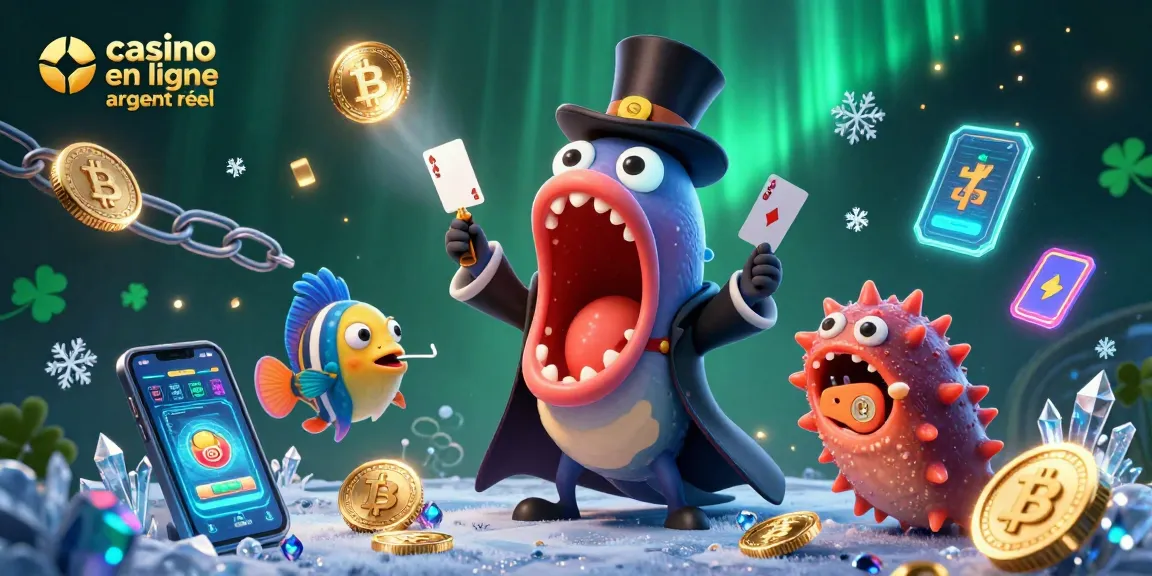 Jouez dans des casinos en ligne argent réel avec une illustration d'un poisson mystique effectuant des tours de magie.