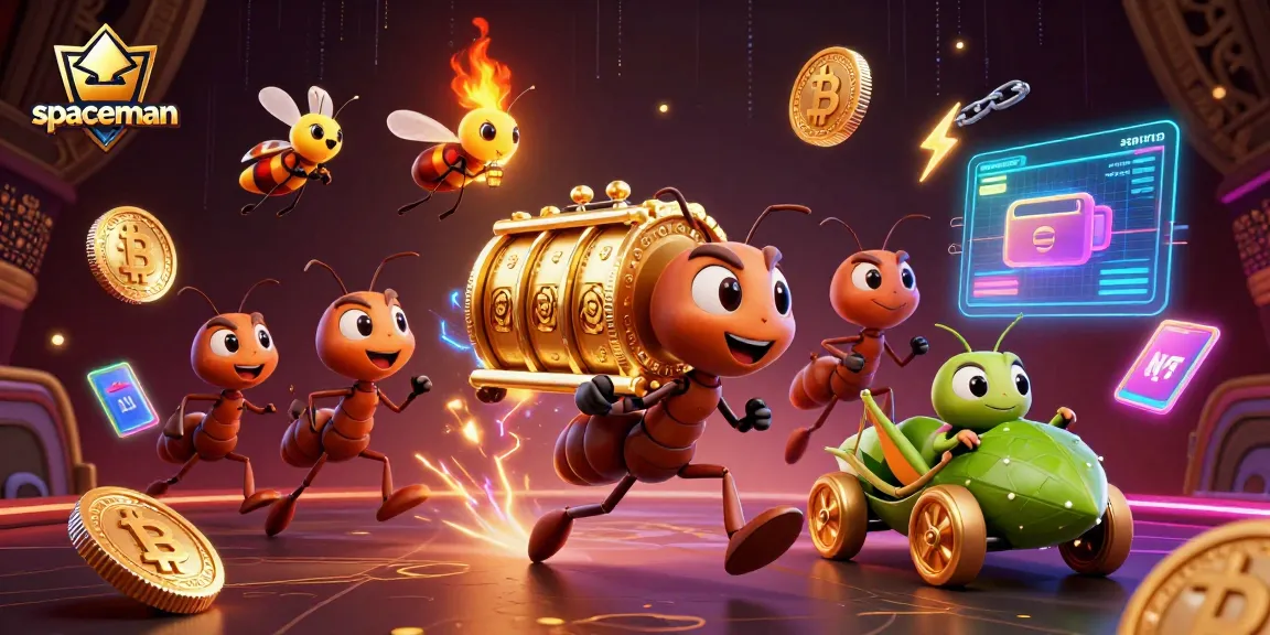 Ants in a heist scene, carrying a golden slot chip, symbolizing spaceman gambling excitement.