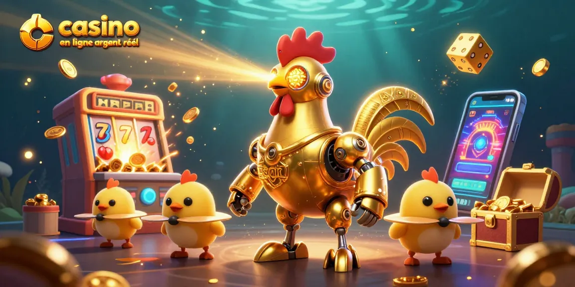 Vivez l'expérience du casino en ligne argent réel avec un robot en or et des drones jouant autour des machines à sous.