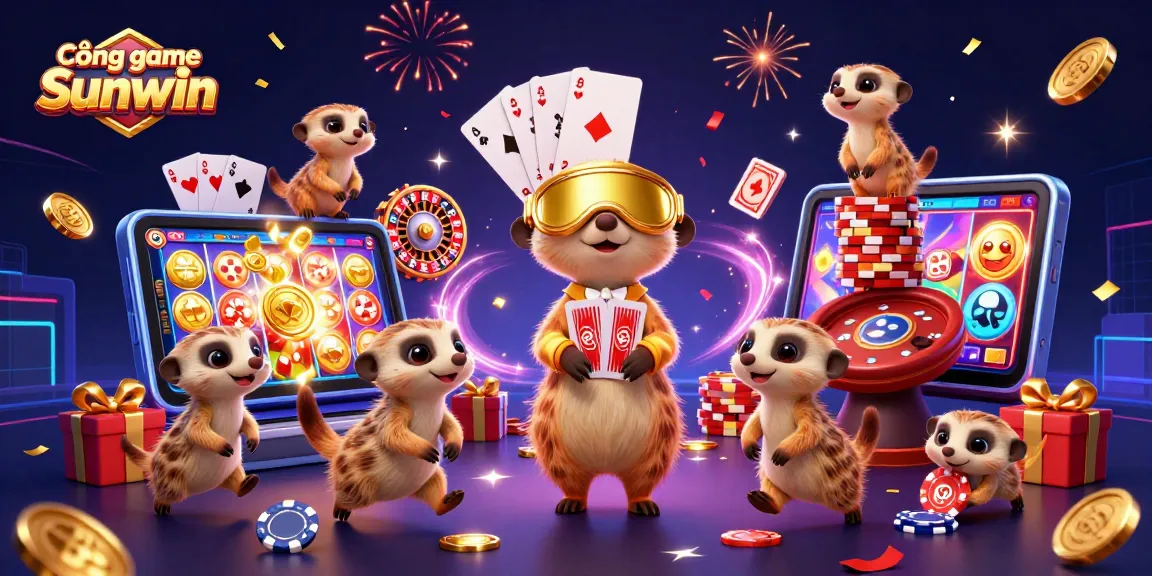Cổng game Sunwin offers a dynamic casino scene with meerkats, showcasing slot games and vibrant action.