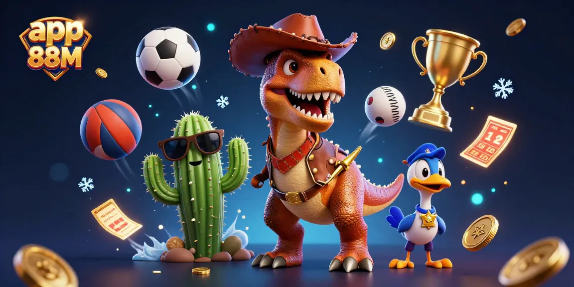 Engage with app 88M in a vibrant 3D illustration featuring a T-Rex cowboy and dynamic sports elements.