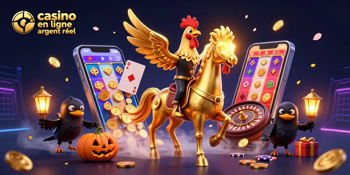 Illustration de casino en ligne argent réel avec un coq doré, lanternes et éléments de jeux