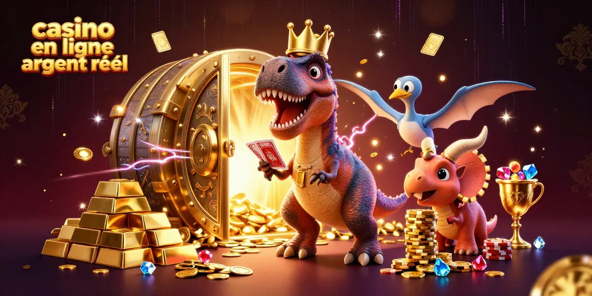 Découvrez le casino en ligne argent réel avec un T-Rex jouant aux cartes dans un décor luxueux.