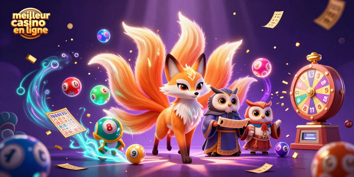 Gagnez au meilleur casino en ligne avec une illustration animée des esprits et des éléments de loterie colorés.