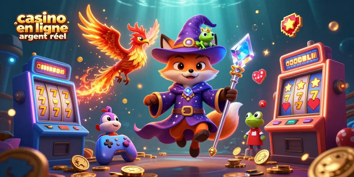 Jouez sur un casino en ligne argent réel avec une illustration animée captivante montrant un renard sorcier, un phénix et une grenouille.