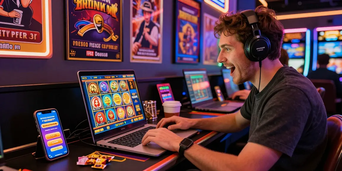 Enthusiastic player enjoying credit card casinos on a laptop with vibrant gaming setup and modern decor.