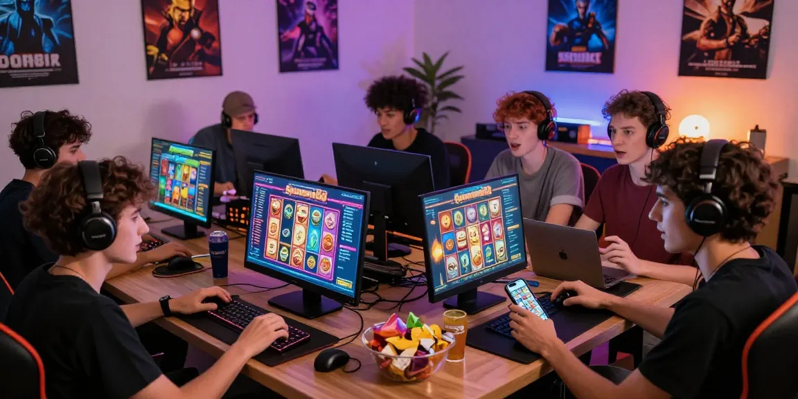 Players enjoying Spaceman88 slot game on various devices in a vibrant gaming setup, showcasing excitement and a cozy atmosphere.