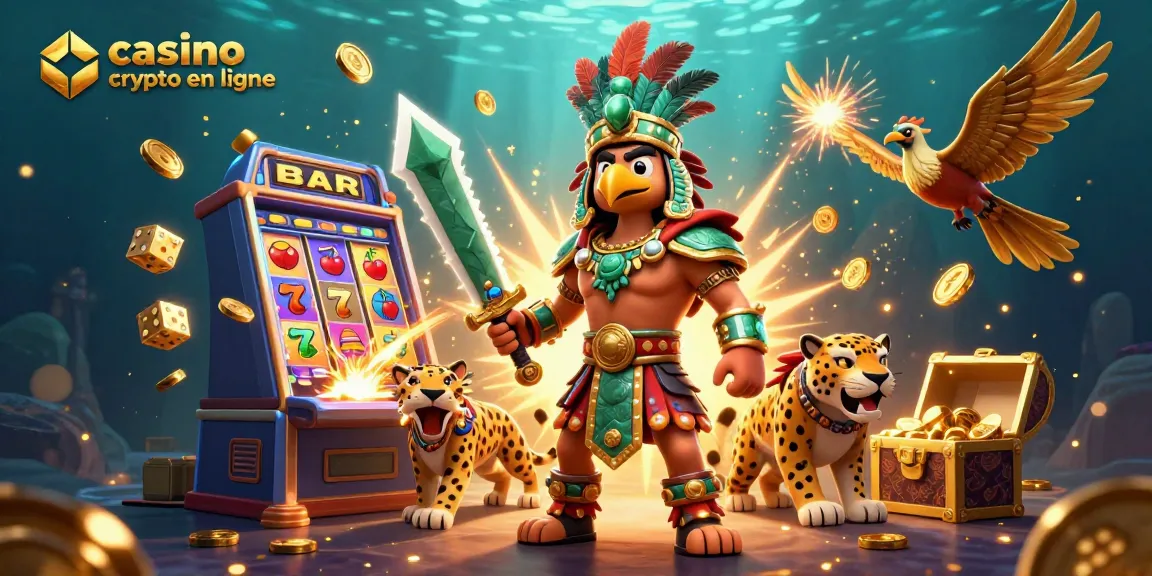 Jouez à casino crypto en ligne avec un guerrier Aztec et des éléments de jackpot éclatants.
