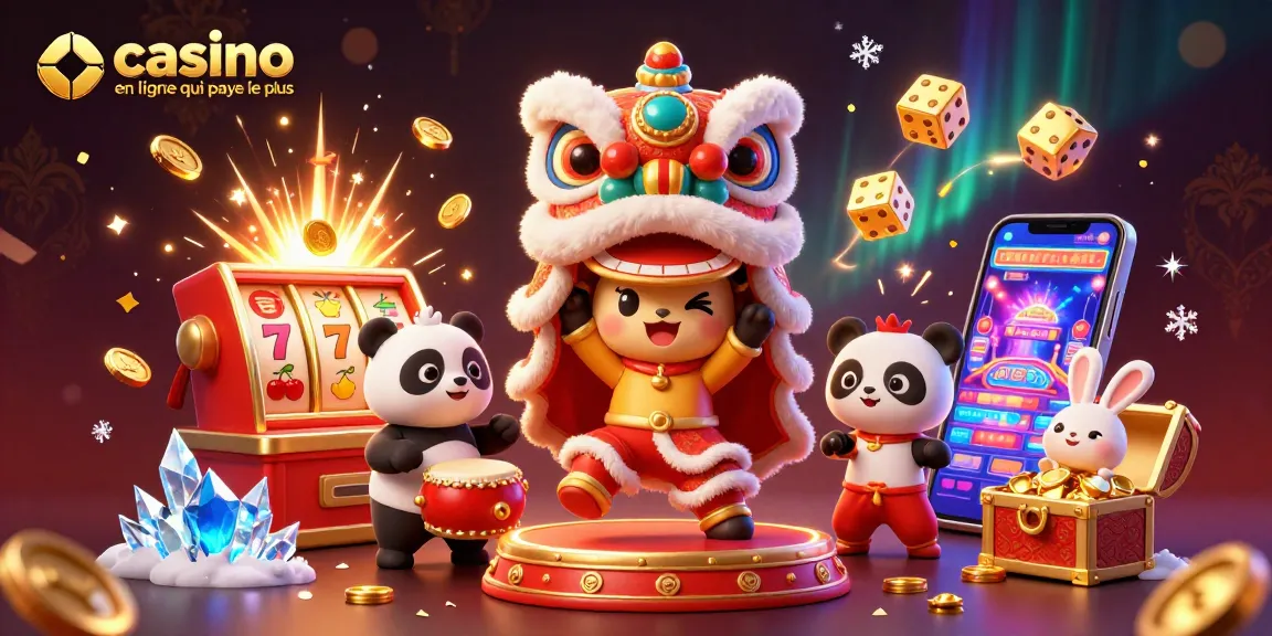 Illustration animée représentant le casino en ligne qui paye le plus avec un lion dansant et des éléments de jeux d'argent autour.
