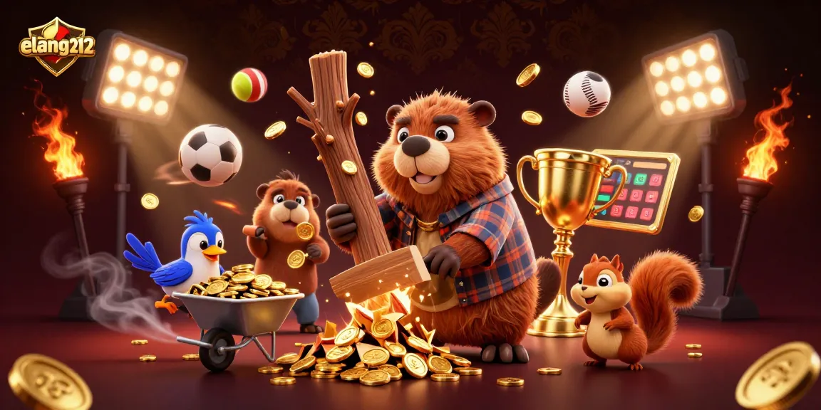 Engage with elang212 as the animated beaver collects golden coins amidst vibrant sports-themed elements.