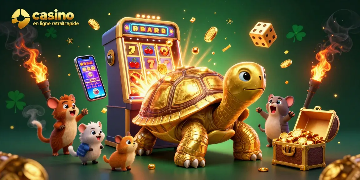 Casino en ligne retrait rapide avec une tortue dorée, machines à sous et célébration de gains.