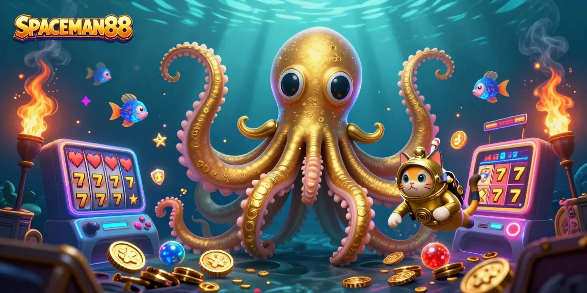 Experience SPACEMAN88 with a vibrant underwater casino scene featuring a kraken, diving cat, and slot reels.
