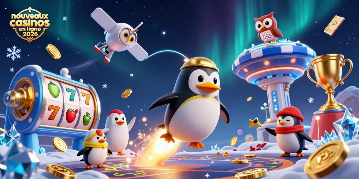 Visualisez des nouveaux casinos en ligne 2026 avec un pingouin doré en fusée, des éléments de casino et des trophées.