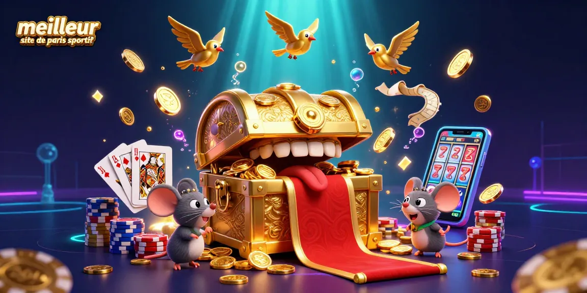 Illustration captivante sur le meilleur site de paris sportif avec des trésors, des pièces dorées et des jeux de casino.